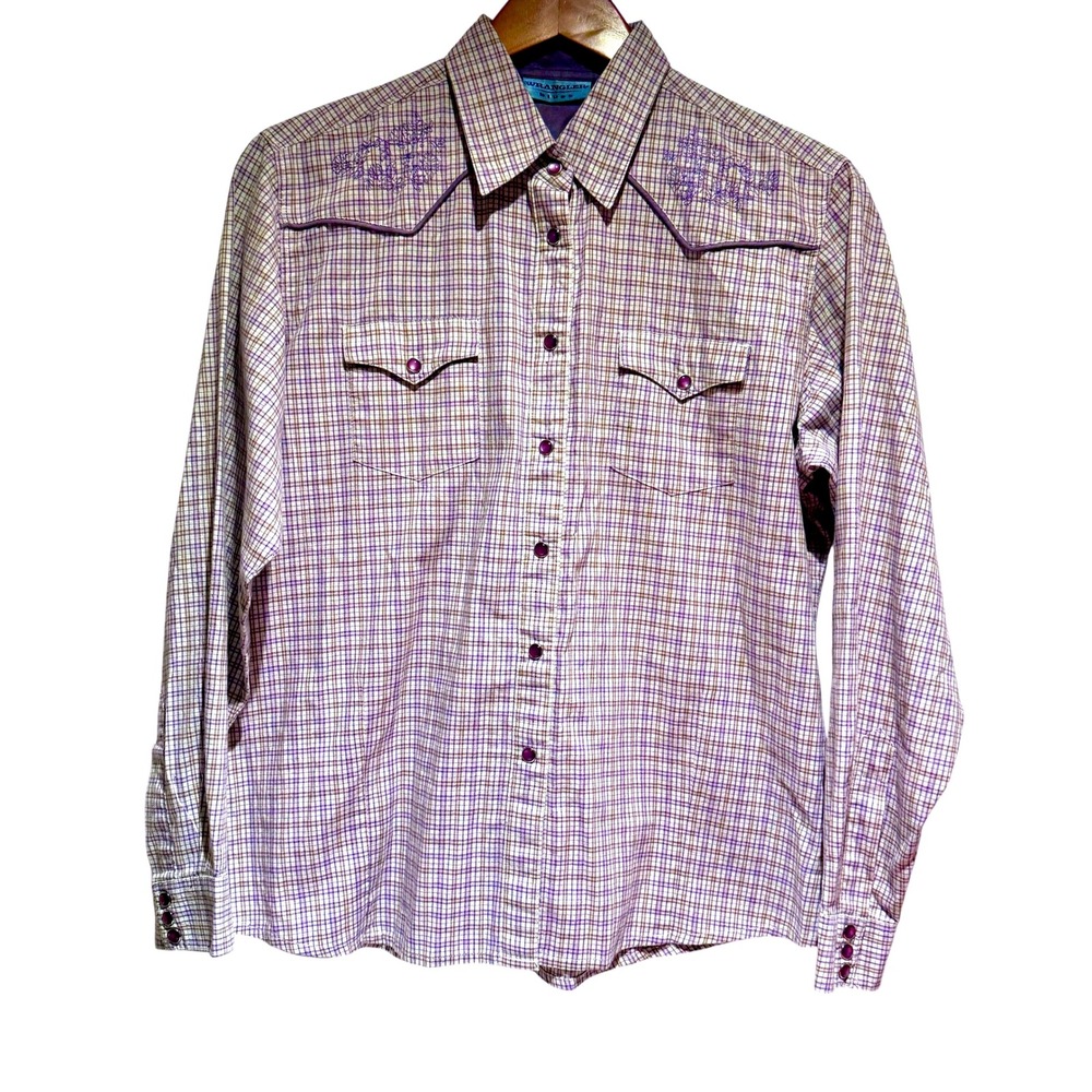 Vintage‎ Wrangler Blues Women Embroidered Pearl Snap Shirt M Purple Plaid Lurex